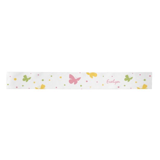 Pastel Butterfly Pattern met Flowers and Name Satijnen Lint (Voorkant)