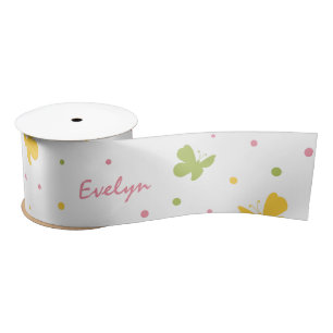 Pastel Butterfly Pattern met Flowers and Name Satijnen Lint