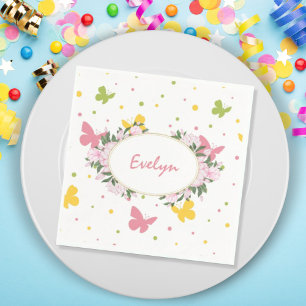 Pastel Butterfly Pattern met Flowers and Name Servet