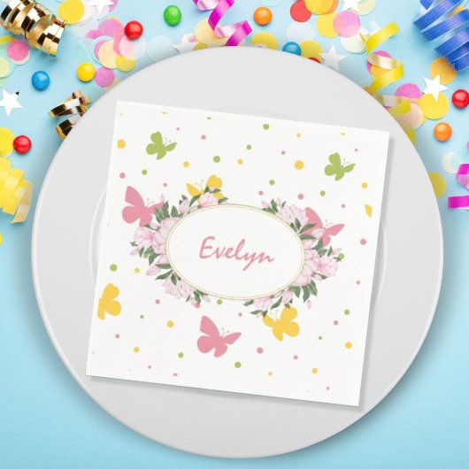 Pastel Butterfly Pattern met Flowers and Name Servet