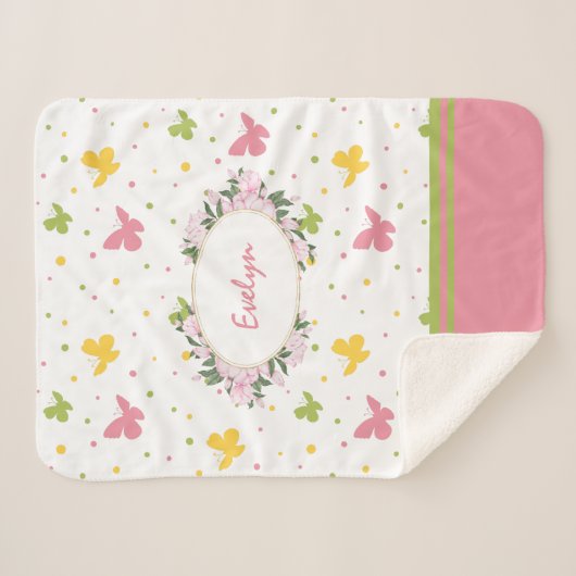Pastel Butterfly Pattern met Flowers and Name Sherpa Deken (Voorkant (horizontaal))