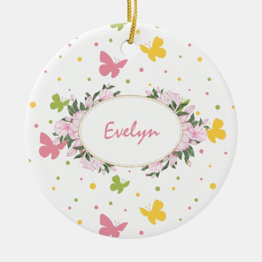 Pastel Butterfly Pattern met Name Year Kerstmis Keramisch Ornament (Voorkant)