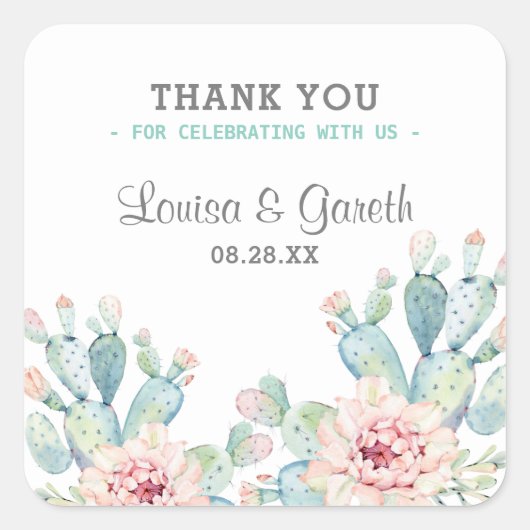Pastel Cactus Bloem Bruiloft Vierkante Sticker (Voorkant)