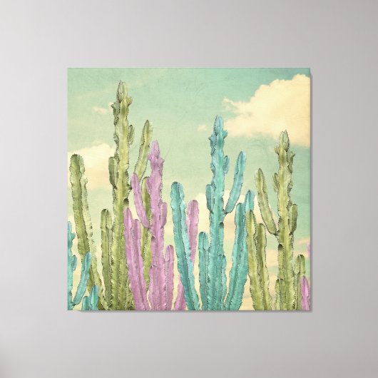 Pastel Cactus tegen wollig hemel Collage Canvas Afdruk (Voorkant)