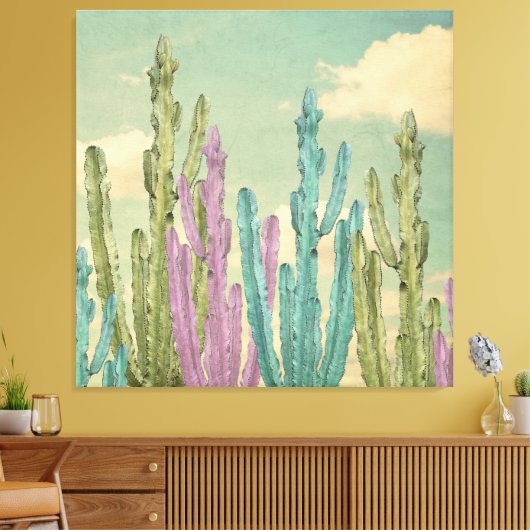 Pastel Cactus tegen wollig hemel Collage Canvas Afdruk (Insitu (Woonkamer))