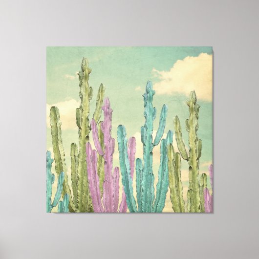 Pastel Cactus tegen wollig hemel Collage Canvas Afdruk (Voorkant)