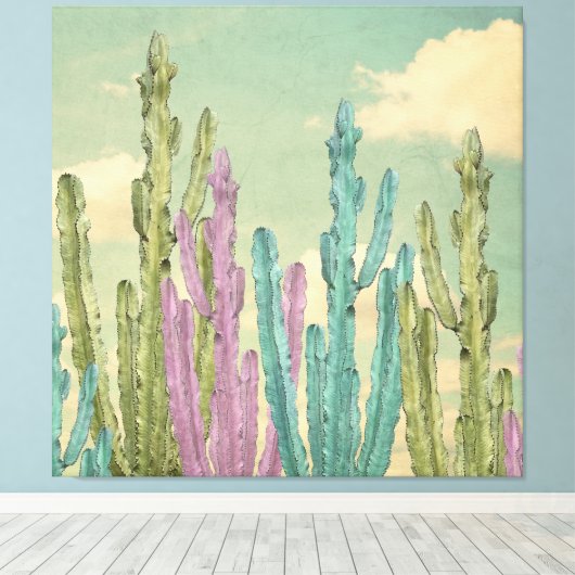 Pastel Cactus tegen wollig hemel Collage Canvas Afdruk (Insitu (Houten vloer))