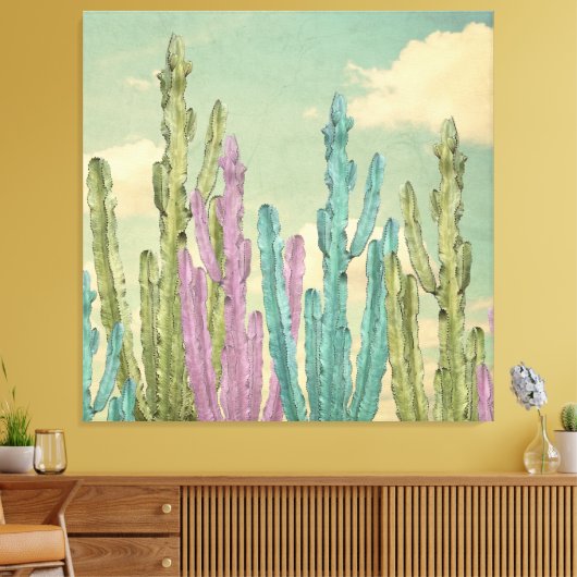 Pastel Cactus tegen wollig hemel Collage Canvas Afdruk (Insitu (Woonkamer))