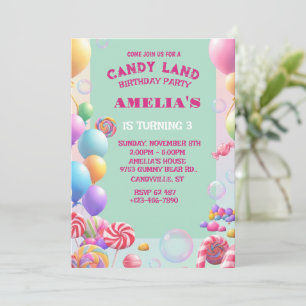 Pastel Candy Land Verjaardagsfeest Uitnodiging