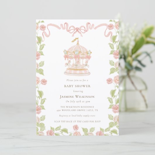 Pastel Carousel Baby Shower with rsvp QR code Kaart (Staand voorkant)