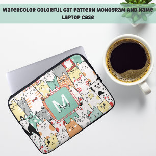 Pastel Cartoon Schattige Katten Naam Monogram Laptop Sleeve