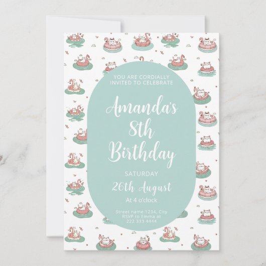 Pastel Cat Verjaardagsuitnodiging – Schattige Zwem Kaart (Voorkant)