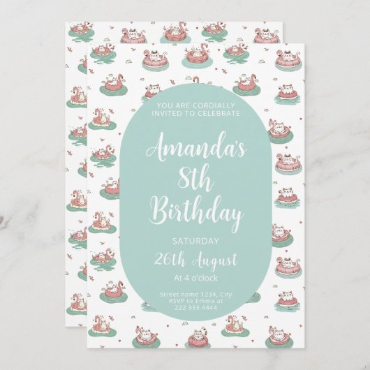 Pastel Cat Verjaardagsuitnodiging – Schattige Zwem Kaart (Voorkant / Achterkant)