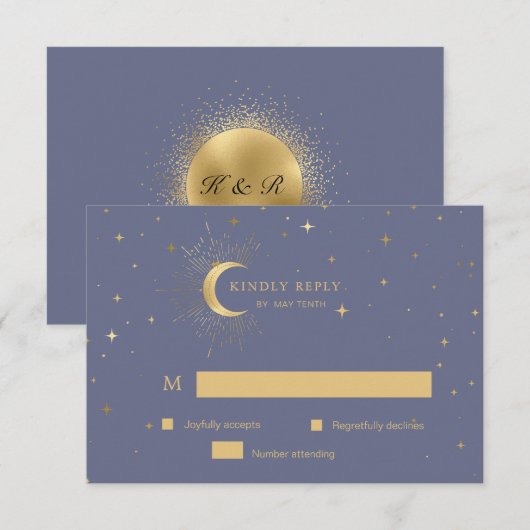 Pastel Celestial Gold Moon RSVP Response Kaart (Voorkant / Achterkant)