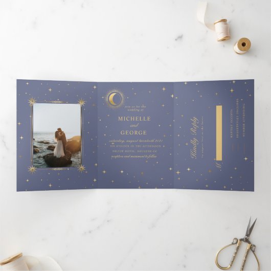 Pastel Celestial Gold Tri-Fold bruiloft uitnodigin Drieluik Uitnodiging (Binnen)