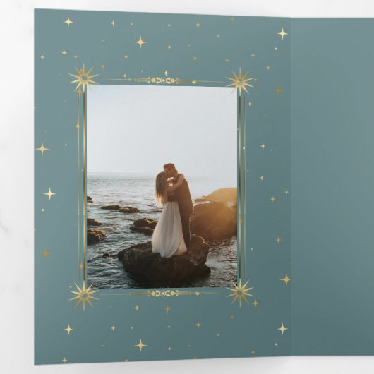 Pastel Celestial Gold Tri-Fold bruiloft uitnodigin Drieluik Uitnodiging (Binnenzijde eerst)