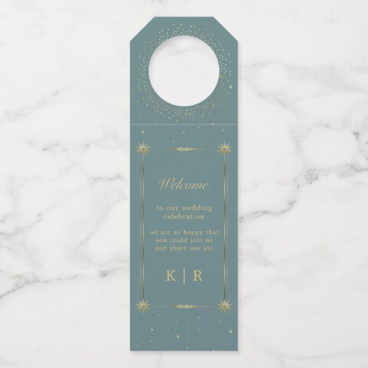 Pastel Celestial Gold Wedding Bottle Hanger Labels (Voorkant)