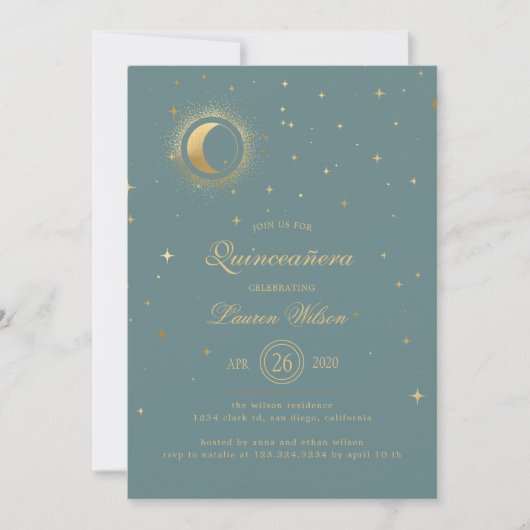 Pastel Celestial Gouden Maan Sterren Quinceanera Kaart (Voorkant)