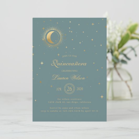 Pastel Celestial Gouden Maan Sterren Quinceanera Kaart (Staand voorkant)