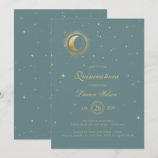 Pastel Celestial Gouden Maan Sterren Quinceanera Kaart (Voorkant / Achterkant)