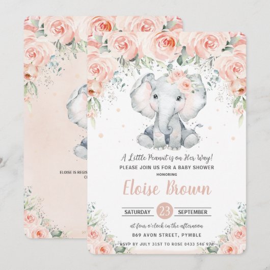 Pastel Chic Blush Floral Elephant Baby shower Kaart (Voorkant / Achterkant)