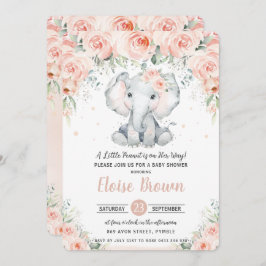 Pastel Chic Blush Floral Elephant Baby shower Kaart