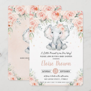 Pastel Chic Blush Floral Elephant Baby shower Kaart