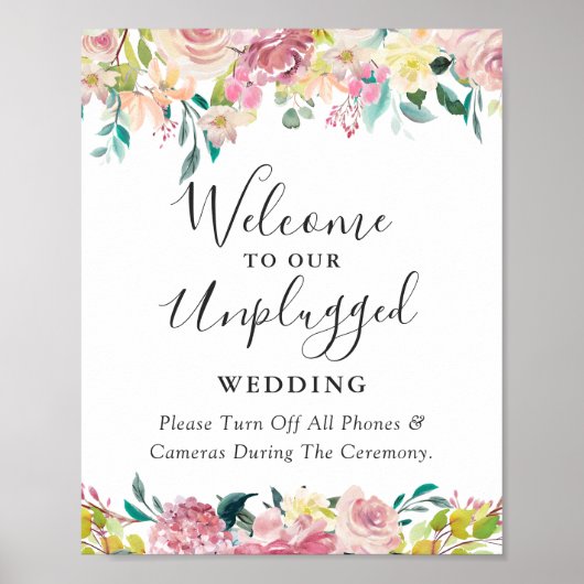 Pastel Chic Floral Unplugged Wedding Ceremony Sign Poster (Voorkant)