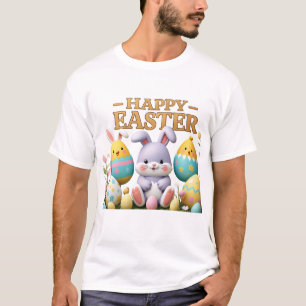 Pastel Chick and Bunny in Ei Happy Easter T-shirt