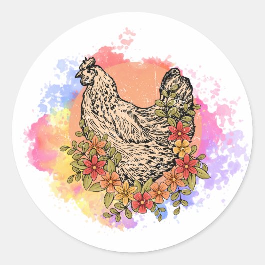 Pastel Chicken met Flowers Design Ronde Sticker (Voorkant)
