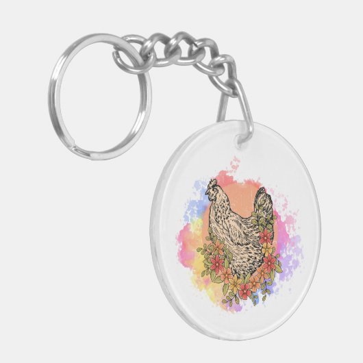 Pastel Chicken met Flowers Design Sleutelhanger (Voorkant Links)