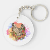 Pastel Chicken met Flowers Design Sleutelhanger (Achterkant)