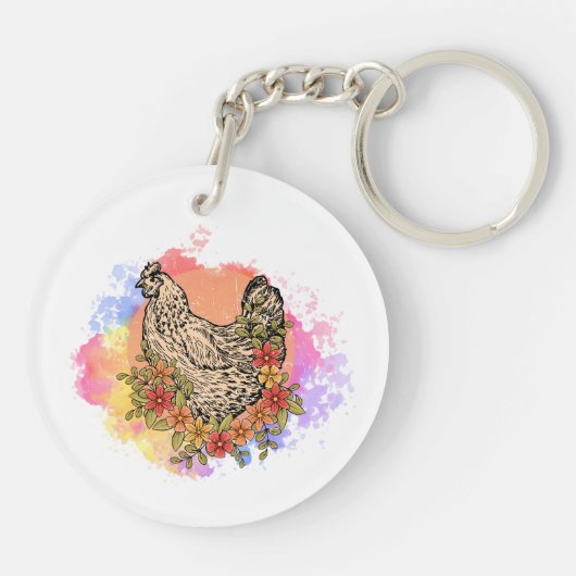 Pastel Chicken met Flowers Design Sleutelhanger (Achterkant)