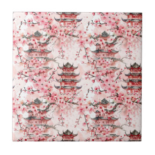 Pastel Chinese Pagode Kersenbloesem Landschap Tegeltje