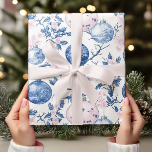 Pastel Chinoiserie Blauw & Roze Kerst Ornament Cadeaupapier