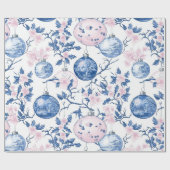 Pastel Chinoiserie Blauw & Roze Kerst Ornament Cadeaupapier (Vlak)