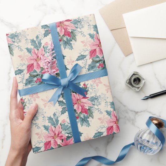 Pastel Christmas Poinsettia Holiday Pattern Cadeaupapier (Geschenken)