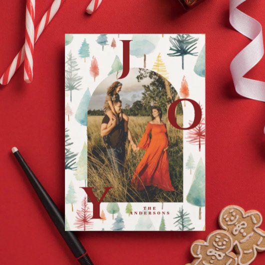 Pastel Christmas Trees Arch Photo Red Joy Feestdagenkaart