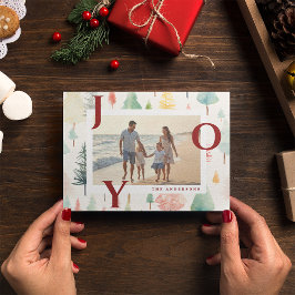 Pastel Christmas Trees Red Joy Photo Holiday Card Feestdagenkaart