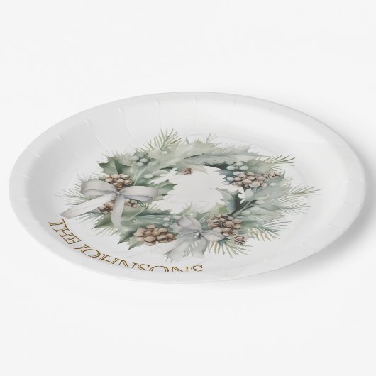Pastel Christmas Wreath & Custom Name Paper Plates Papieren Bordje (Gekanteld)