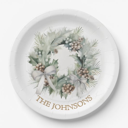 Pastel Christmas Wreath & Custom Name Paper Plates Papieren Bordje (Voorkant)