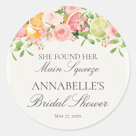Pastel Citrus Bloem Hoofd Pers Bruidsdouche Ronde Sticker (Voorkant)