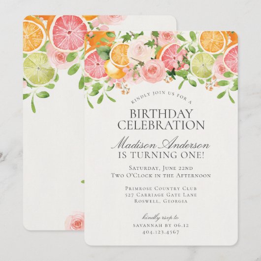 Pastel Citrus Bloemige Little Cutie Verjaardagsfee Kaart (Voorkant / Achterkant)