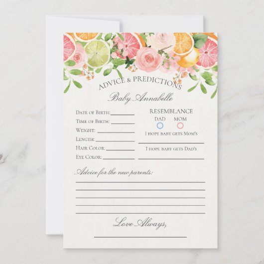 Pastel Citrus Floral Cutie Advies voor Baby Kaart (Voorkant)
