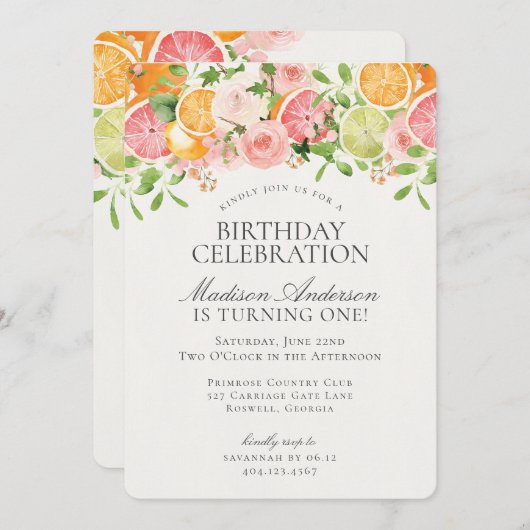 Pastel Citrus Floral Little Cutie Verjaardagsfeest Kaart (Voorkant / Achterkant)