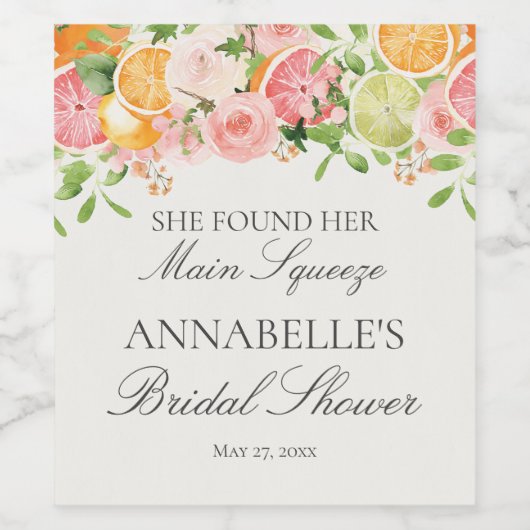 Pastel Citrus Floral Main Squeeze Vrijgezellenfees Wijn Etiket (Enkel label)
