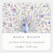 Pastel Classy  Waterverf Peacock Adres Vierkante Sticker (Voorkant)