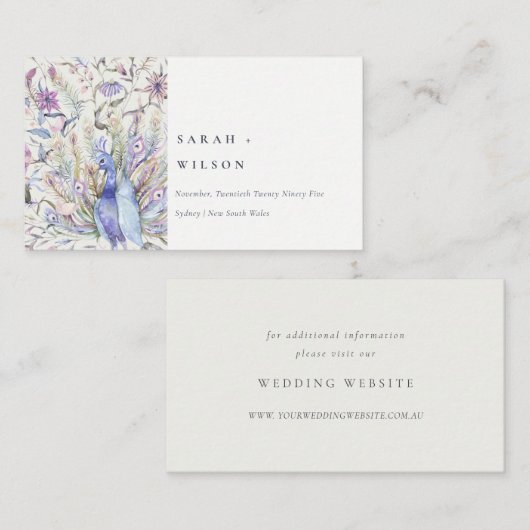 Pastel Classy Waterverf Peacock Weddenschap Websit Informatiekaartje (Voorkant / Achterkant)