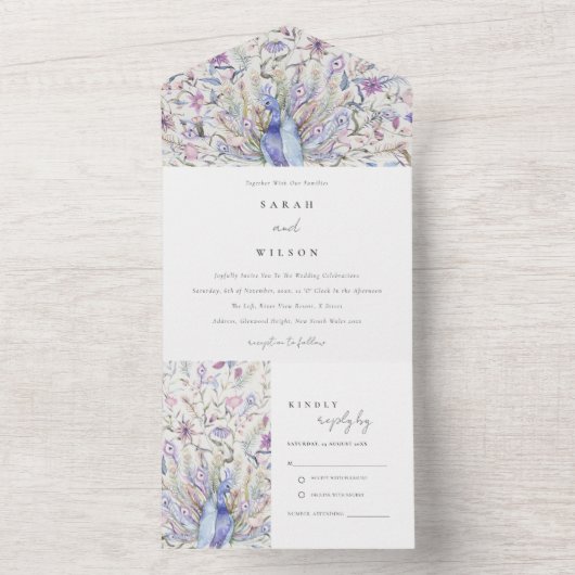 Pastel Classy  Waterverf Peacock Wedding All In One Uitnodiging (Binnen)