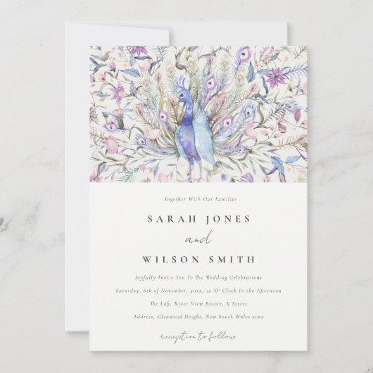 Pastel Classy  Waterverf Peacock Wedding Kaart (Voorkant)